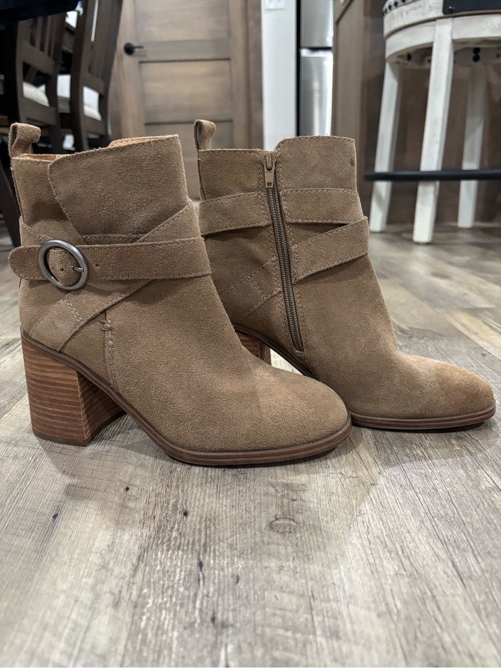 Crown Vintage Suede Ankle Booties in Tan with Buckle Strap
